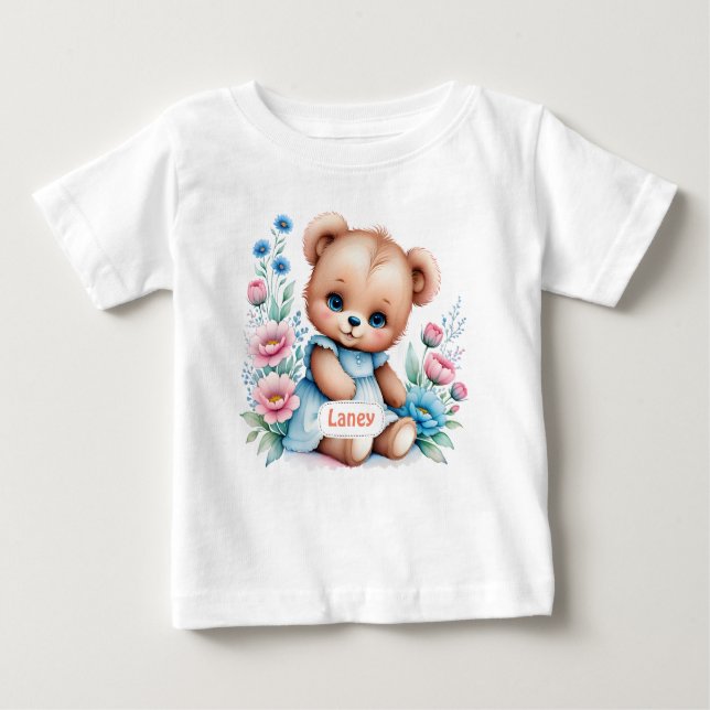 Camiseta Para Bebê Bebê Urso de pelúcia com flores de aquarela (Frente)