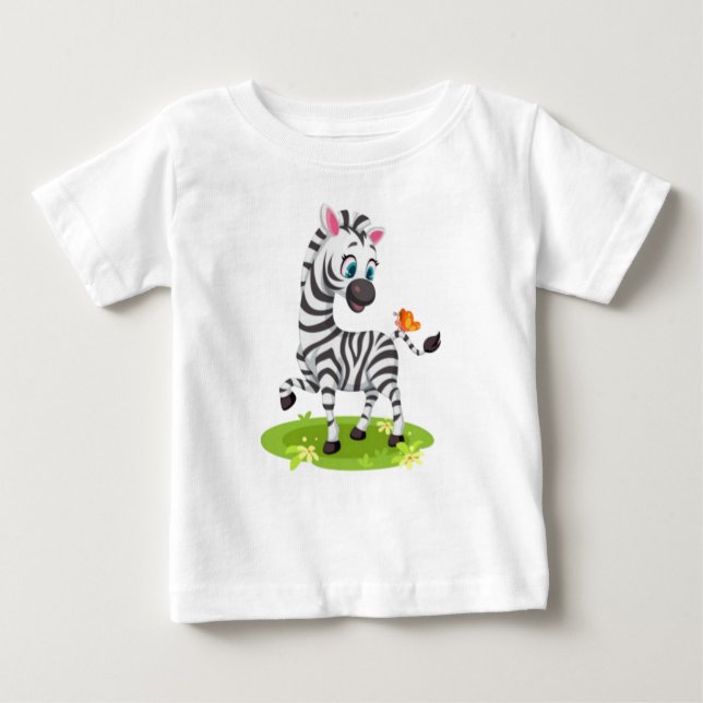 Camiseta Para Bebê Bebê Zebra Desenhando Brincando com Borboleta-2396 (Frente)