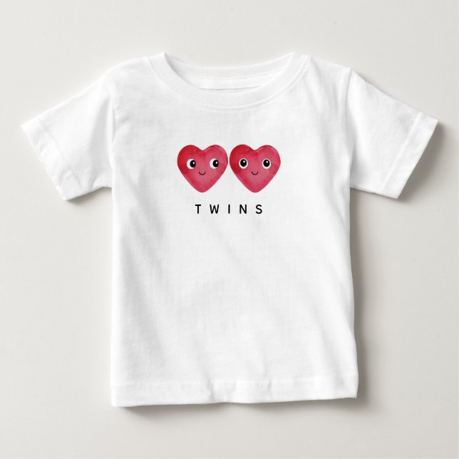 Camiseta Para Bebê Bebês Gêmeos Dois Corações Vermelhos Sorrindo Aqua (Frente)