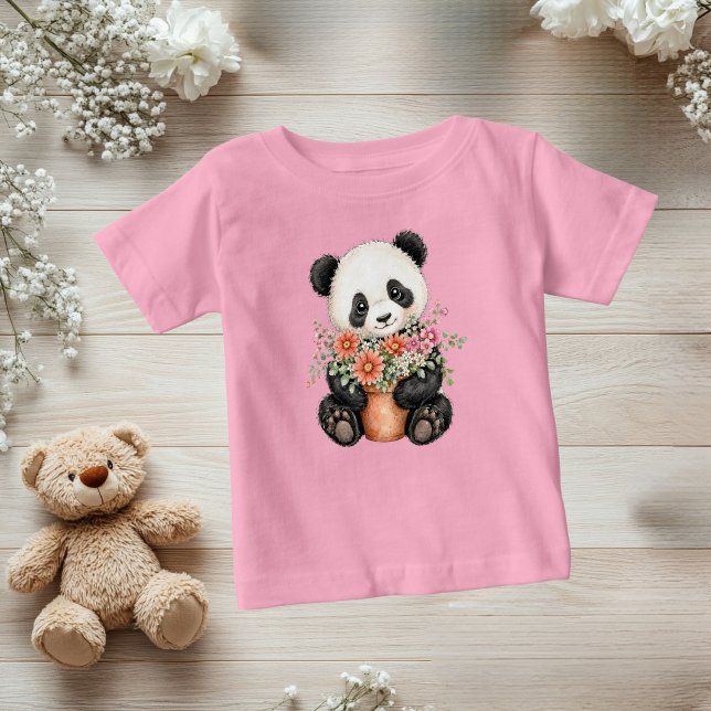 Camiseta Para Bebê Bebês Meninas Panda Florais Caprichosos (Cute adorable whimsical baby panda with watercolor flowers on this Toddler and Baby girls T-shirt)
