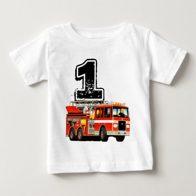 Camiseta Para Bebê Bebês, primeiro aniversario, Caminhão de Fogo Verm (Frente)
