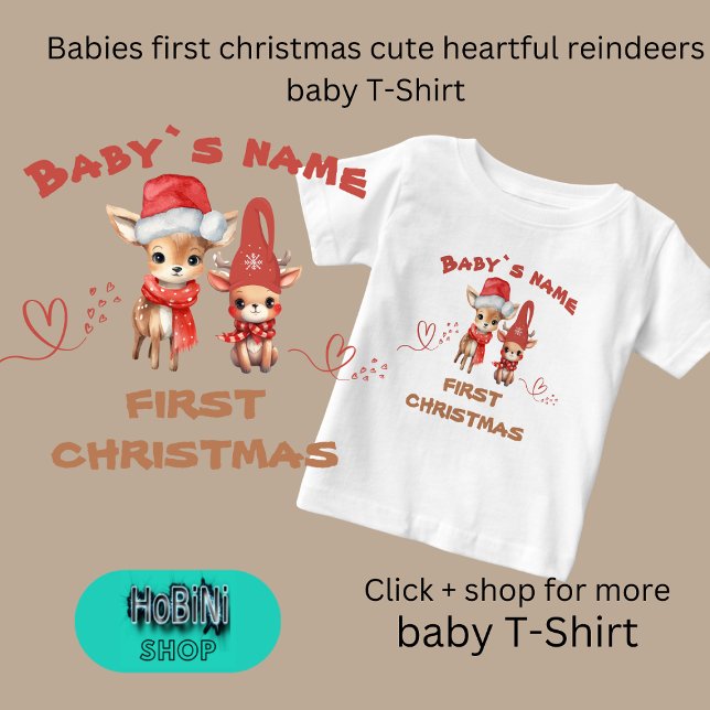 Camiseta Para Bebê Bebês primeiro natal, criancas bonitinhas do coraç (Babies first christmas cute heartful reindeers baby T-Shirt)