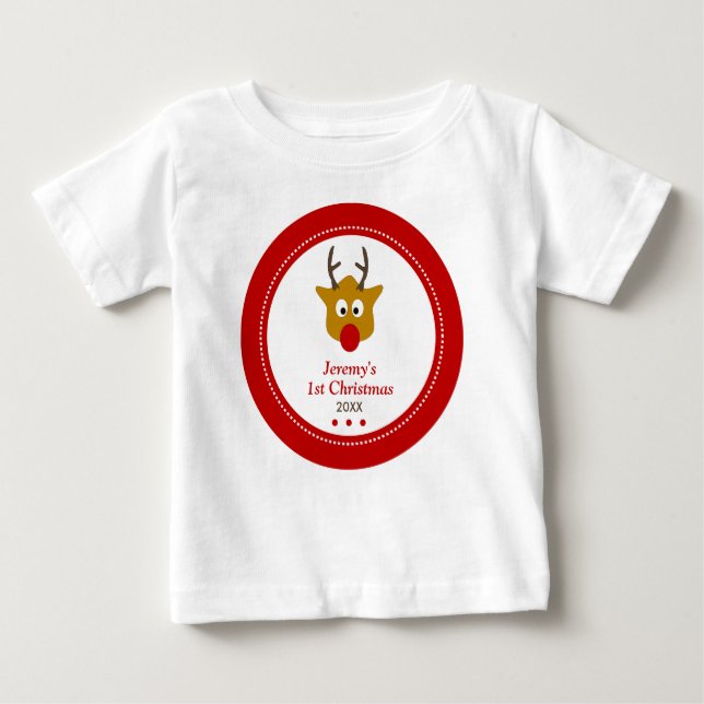 Camiseta Para Bebê Bebês Vermelhos Cute Reindeer Primeiro Natal (Frente)
