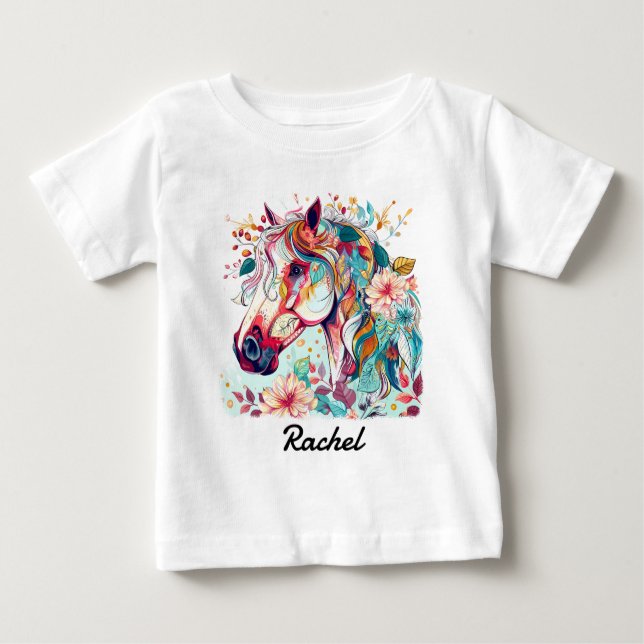 Camiseta Para Bebê Belo Cavalo Colorido (Frente)