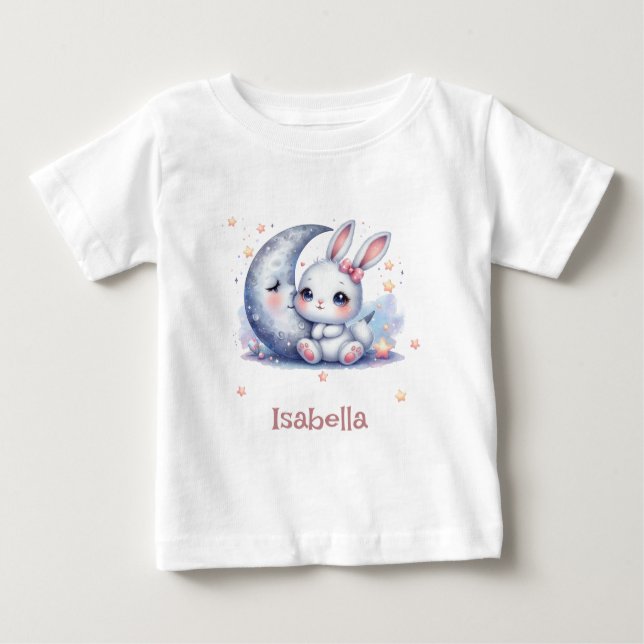 Camiseta Para Bebê belo coelhinho sentado na lua (Frente)