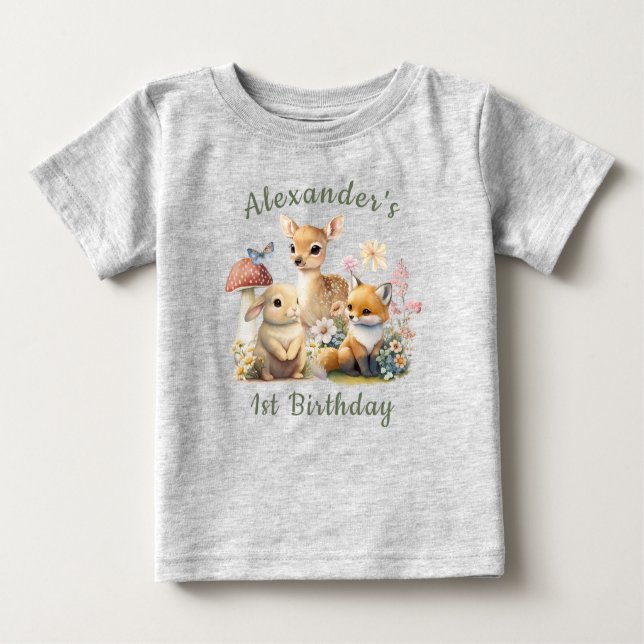 Camiseta Para Bebê Belo Coelhinho Veado Fox Floral Primeiro Aniversár (Frente)