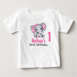 Camiseta Para Bebê Belo Elefante Bebê Rosa Primeiro Aniversário