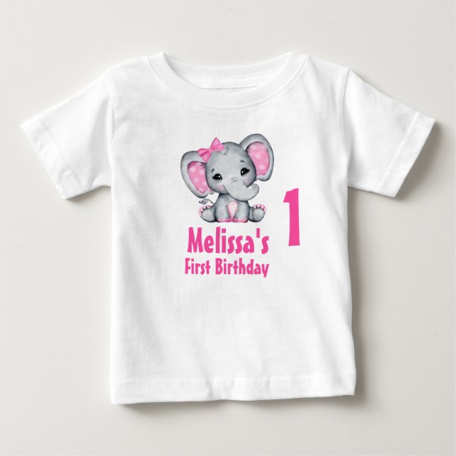 Camiseta Para Bebê Belo Elefante Rosa de Bebê no Primeiro Aniversário (Frente)