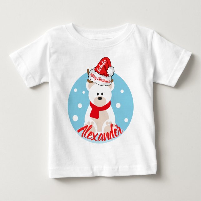 Camiseta Para Bebê Belo Natal Branco Urso Polar Vermelho Santa Ho Ho (Frente)