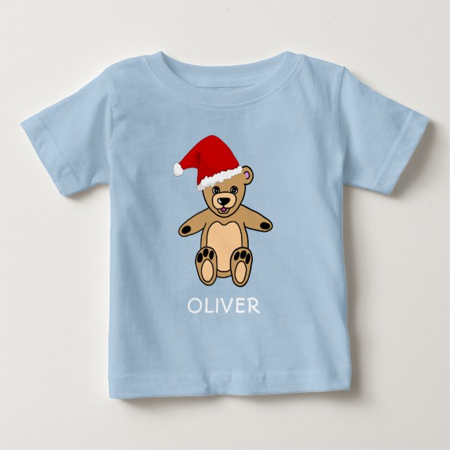 Camiseta Para Bebê Belo Urso de Teddy com Papai Noel de Natal T-Sh (Frente)