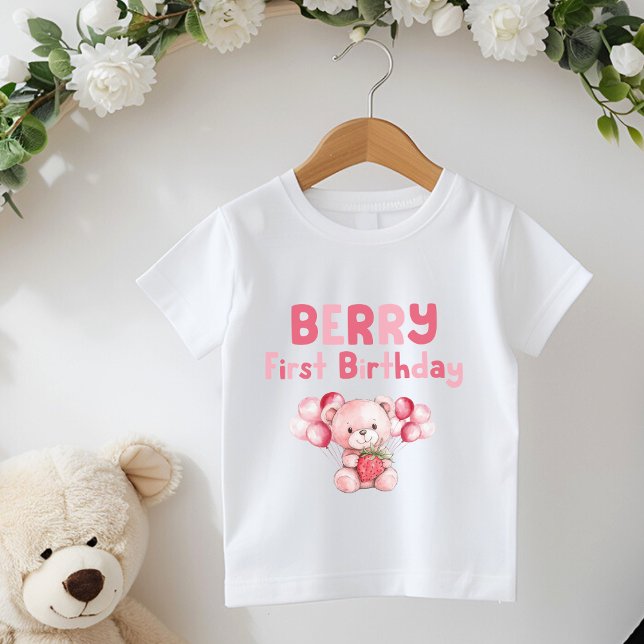 Camiseta Para Bebê Berry First Birthday Strawberry Pink (Criador carregado)