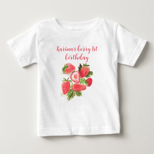 Camiseta Para Bebê Berry First Birthday Strawberry Watercolor Girl (Frente)