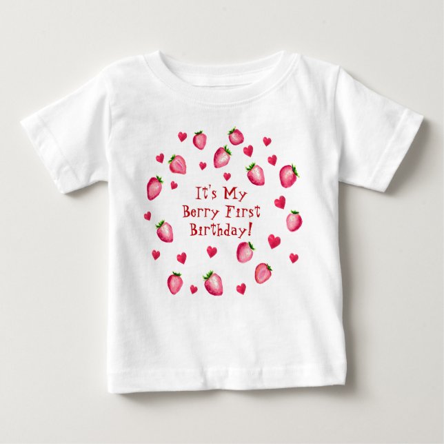 Camiseta Para Bebê Berry First Festa de aniversário Strawberry Hearts (Frente)