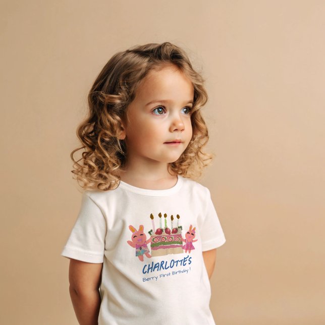 Camiseta Para Bebê Berry First Happy Birthday Bunnie Cake Blue (Criador carregado)