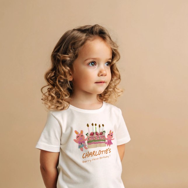 Camiseta Para Bebê Berry First Happy Birthday Bunnies and Cake Orange (Criador carregado)