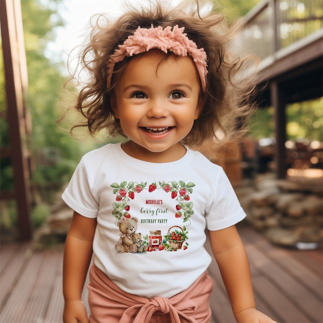 Camiseta Para Bebê Berry First Strawberry and Bear Birday (Criador carregado)