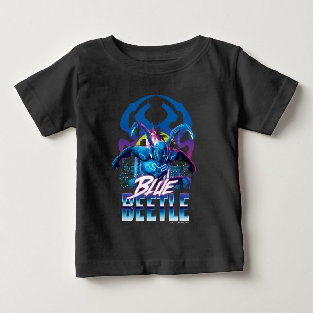 Camiseta Para Bebê Besouro Azul Retrowave City Sunset (Frente)