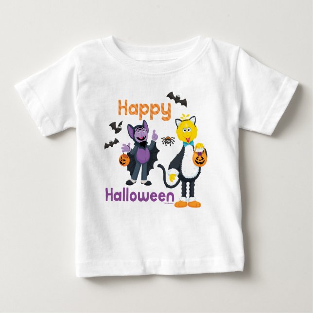 Camiseta Para Bebê Big Bird e Count | Feliz Dia das Bruxas (Frente)