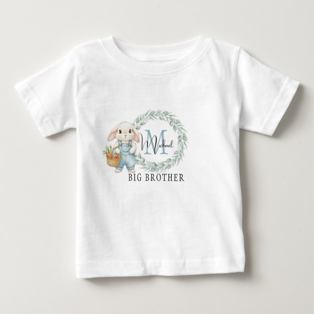 Camiseta Para Bebê Big Brother Bunny Shirt Personalized Blue Floral (Frente)