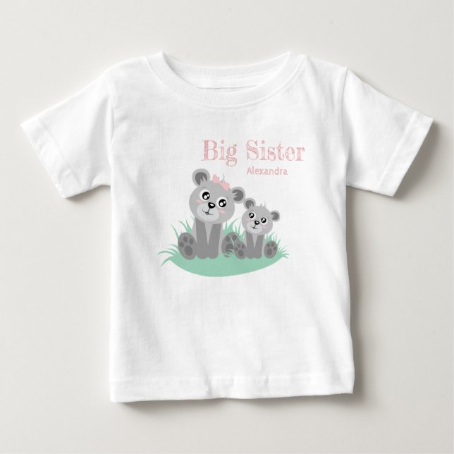Camiseta Para Bebê Big sister adjustable name with cute bear (Frente)