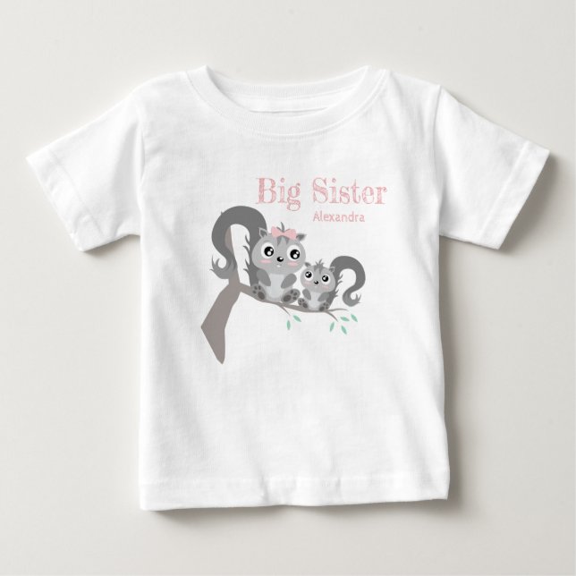 Camiseta Para Bebê Big sister adjustable name with cute squirrels (Frente)