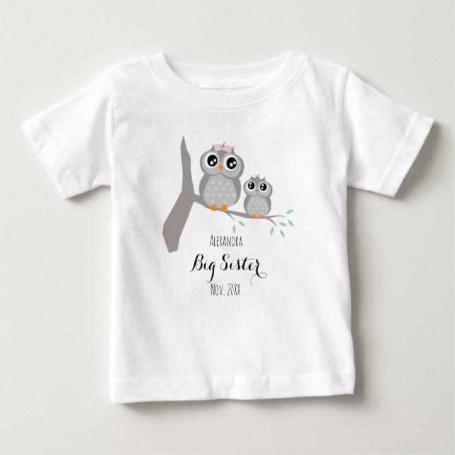 Camiseta Para Bebê Big sister cute owls name and date (Frente)