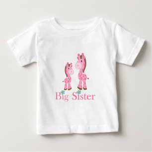 Camiseta Para Bebê Big Sister Pink e Girafas Marrons