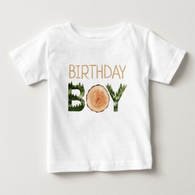 Camiseta Para Bebê Birthday Boy Watercolor Woodland (Frente)