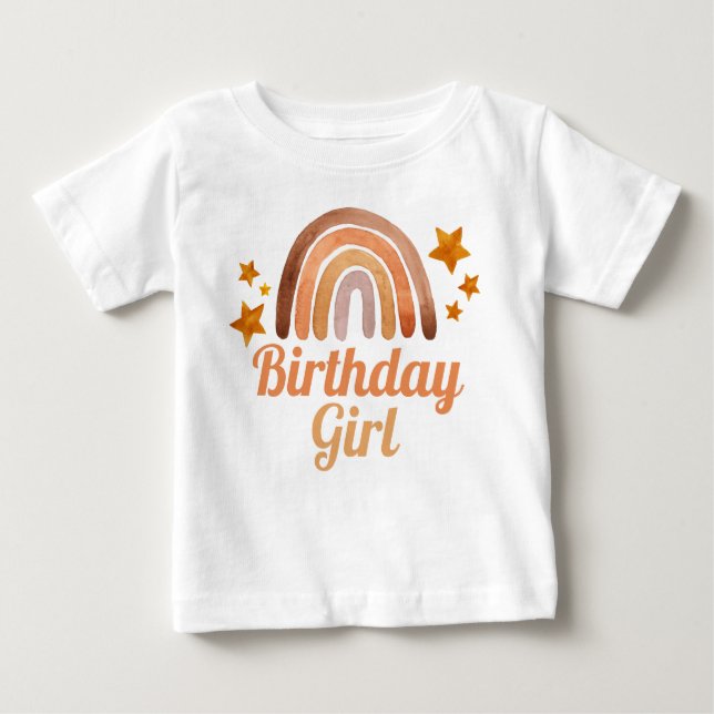Camiseta Para Bebê Birthday Girl Watercolor Boho Rainbow & Stars (Frente)