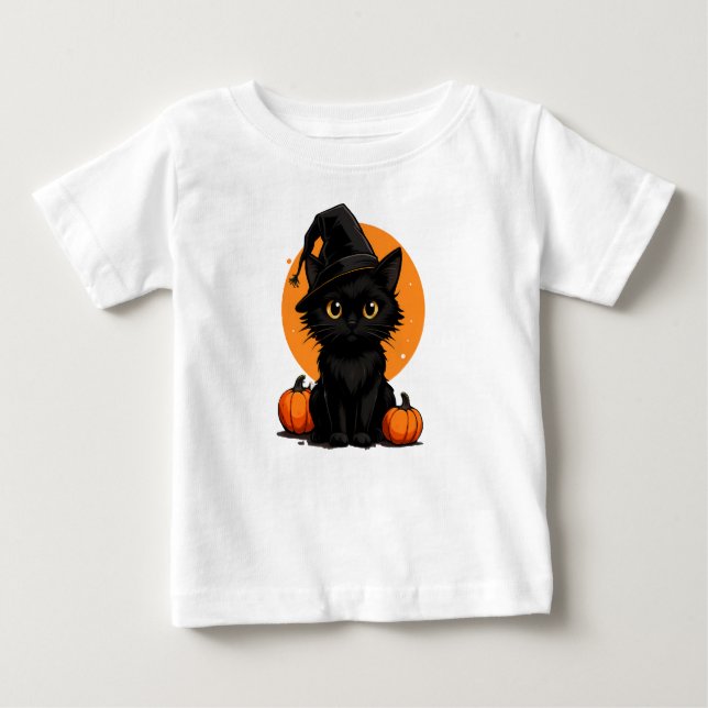 Camiseta Para Bebê Black Cat on Pumpkins under Full Moon  (Frente)