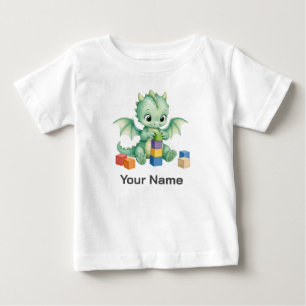 Camiseta Para Bebê Bloco de Construção de Dragão Verde Fofo Personali
