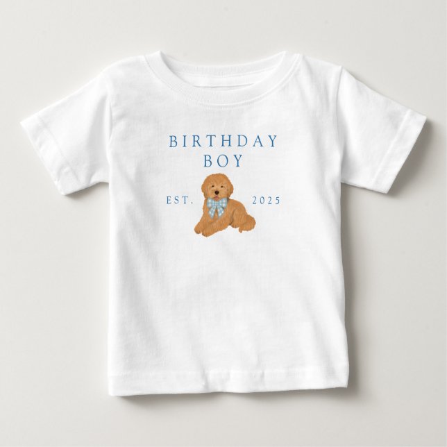 Camiseta Para Bebê Blue Birthday Boy Golden Doodle Puppy Birthday (Frente)