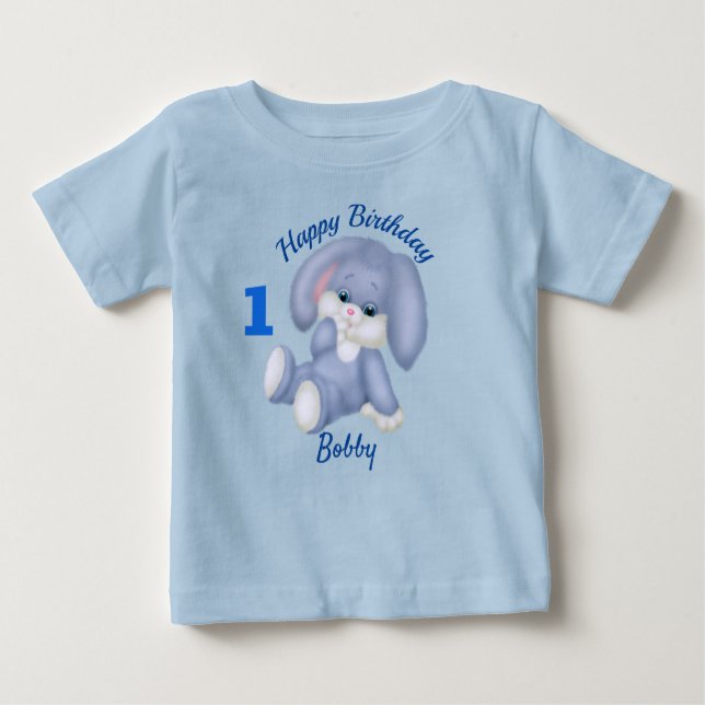 Camiseta Para Bebê Blue Bunny Boys 1º Aniversário Nome Idade Personal (Frente)