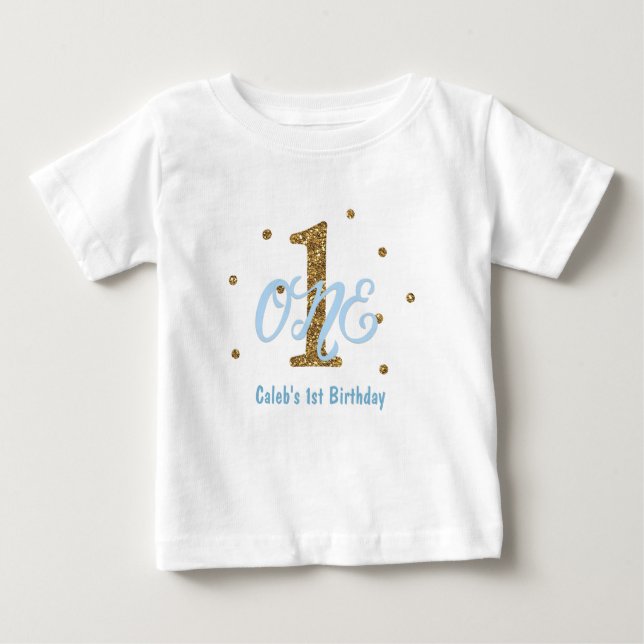 Camiseta Para Bebê Blue & Dourado Boys ONE Party Custom (Um grupo de  (Frente)