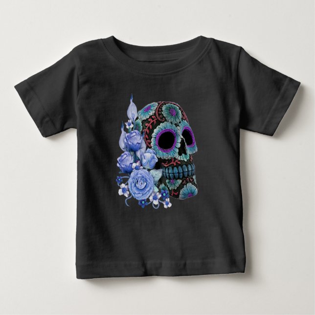 Camiseta Para Bebê Blue Floral Black Sugar Skull Day Of The Dead (Frente)