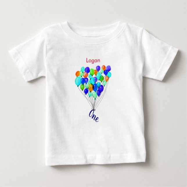 Camiseta Para Bebê Blue Green Boy BALLOON Personalizado Um Aniversári (Frente)