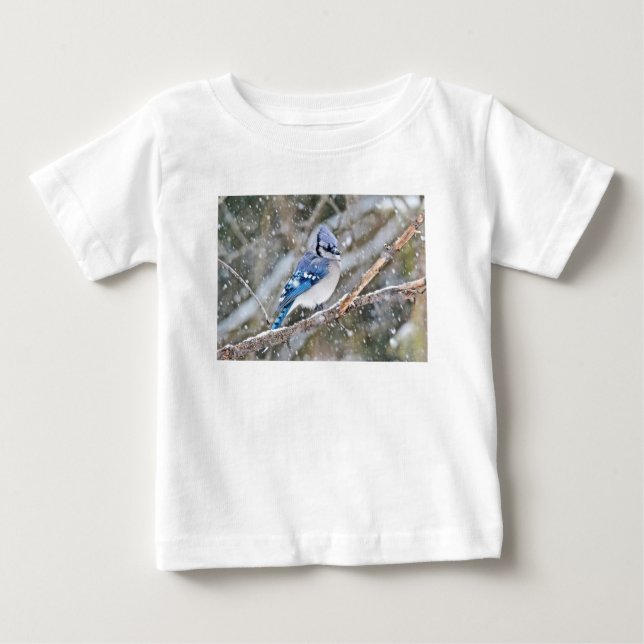 Camiseta Para Bebê Blue Jay em uma tempestade de neve (Frente)
