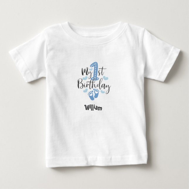 Camiseta Para Bebê Blue Little Steps First Birthday Baby T-Shirt (Frente)