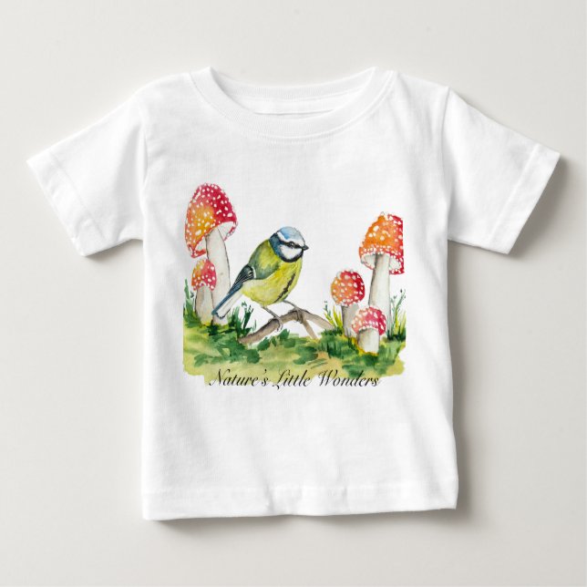 Camiseta Para Bebê Blue Tit and Fly Agaric Watercolor (Frente)
