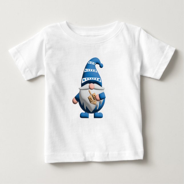 Camiseta Para Bebê Blue White Hanukkah Gnome holding Dreidel (Frente)