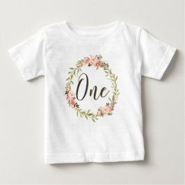 Camiseta Para Bebê Blush Floral Wreath ONE primeiro aniversario Girl 