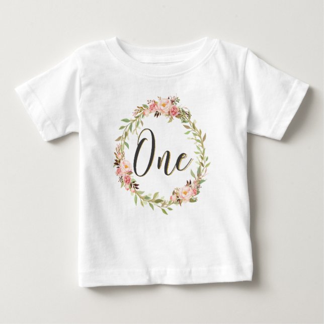 Camiseta Para Bebê Blush Floral Wreath ONE primeiro aniversario Girl  (Frente)