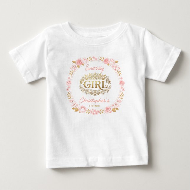 Camiseta Para Bebê Blush Pink & Gold Floral Girl Baby Shower (Frente)