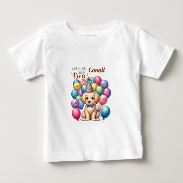 Camiseta Para Bebê Boas-vindas Bebê Cachorro e Design de Balões (Frente)