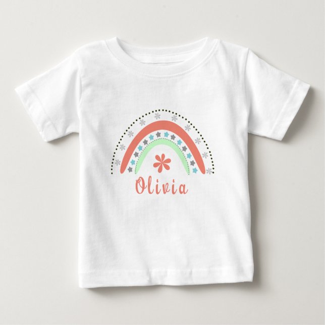 Camiseta Para Bebê Boho Floral Arco-Íris Com Nome Personalizado (Frente)
