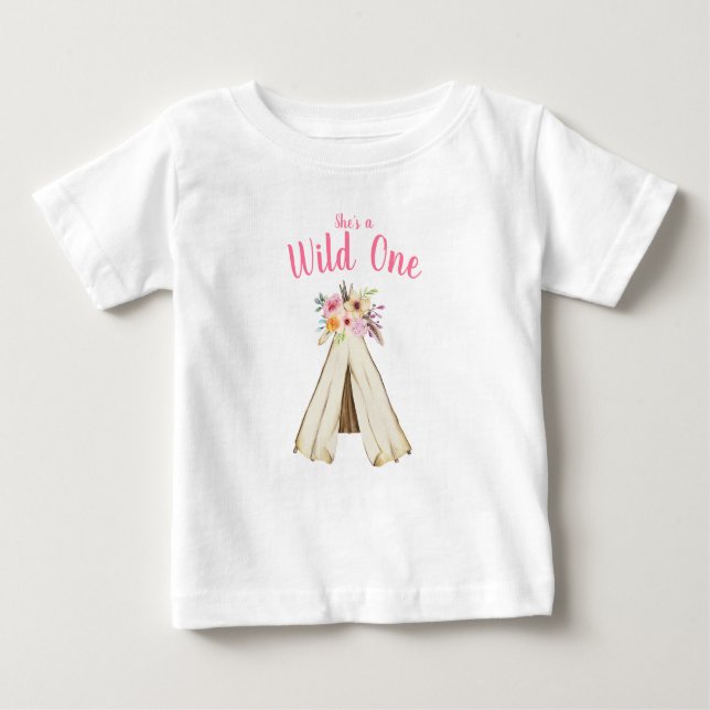 Camiseta Para Bebê Boho Floral Tribal Teepee Wild One primeiro aniver (Frente)