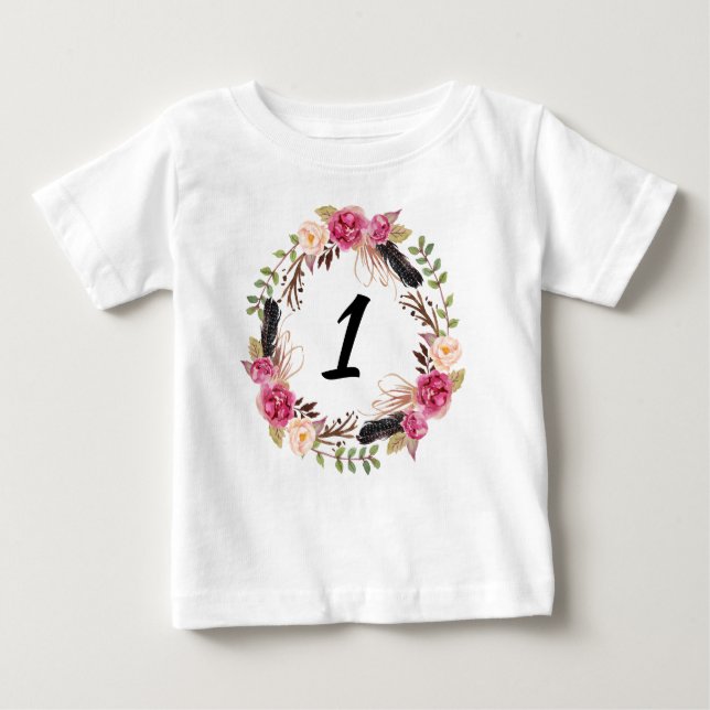 Camiseta Para Bebê Boho Primeiro Aniversário Bonito 1rua Ano Rapariga (Frente)