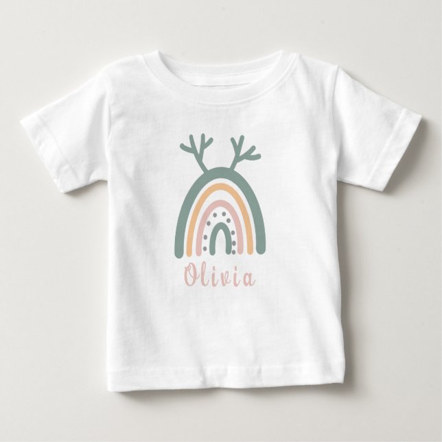 Camiseta Para Bebê Boho Rainbow Cute Com Nome Personalizado (Frente)