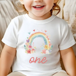 Camiseta Para Bebê Boho Rainbow Floral Pastel "One" Primeiro Aniversá