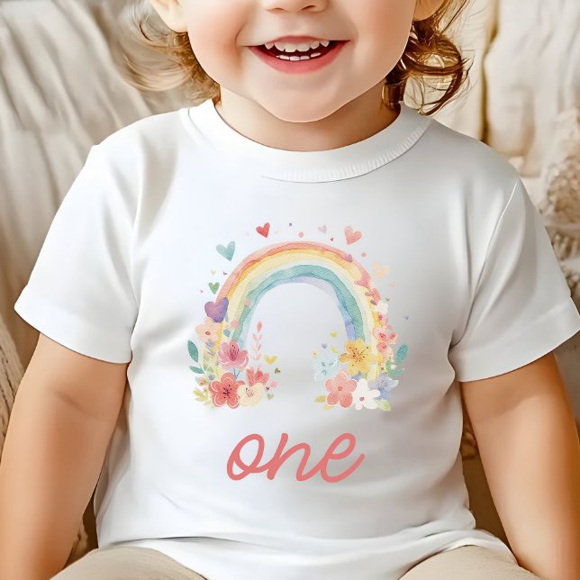 Camiseta Para Bebê Boho Rainbow Floral Pastel "One" Primeiro Aniversá (boho one shirt, pastel first birthday, floral rainbow outfit, baby girl birthday, cake smash outfit)